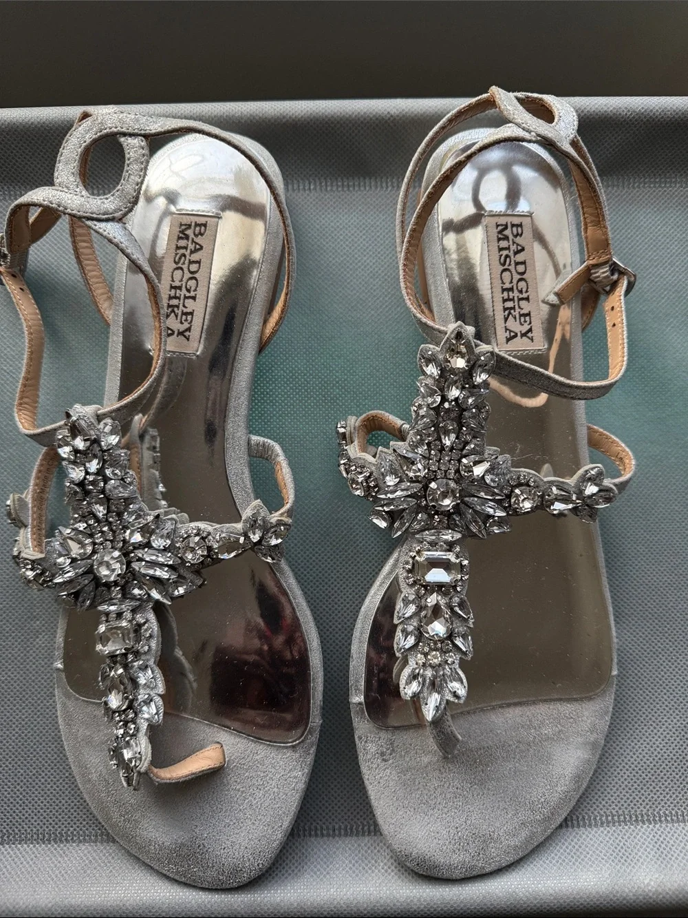 Badgley Mischka Silver Crystal Embellished T-Strap Sandals - Picture 1 of 6